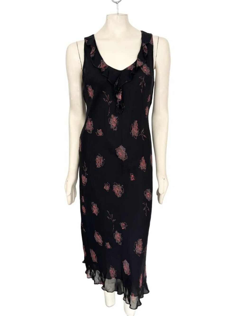 LAPIS Black Floral Ruffled Collar Sleeveless Maxi Dress Lettuce Hem 90s Y2K SZ M